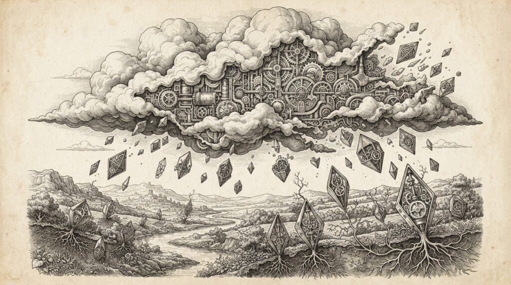 A vast cloud formation with intricate internal mechanisms breaking apart at its edges, with individual fragments descending as self-contained geometric crystals carrying miniature versions of the cloud's internal structures, settling into soil where roots begin to grow - the infrastructure migrating from cloud to local devices