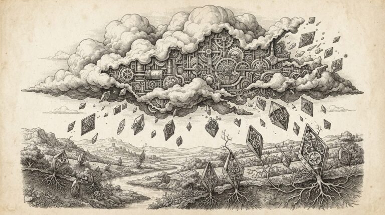 A vast cloud formation with intricate internal mechanisms breaking apart at its edges, with individual fragments descending as self-contained geometric crystals carrying miniature versions of the cloud's internal structures, settling into soil where roots begin to grow - the infrastructure migrating from cloud to local devices