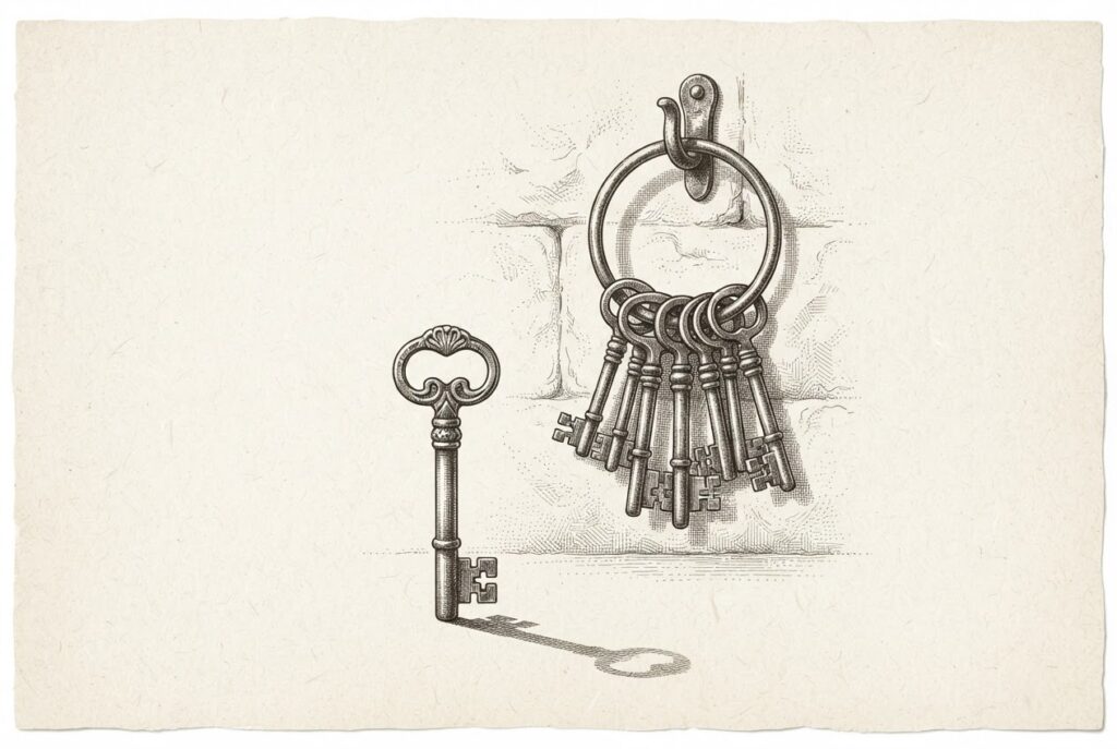 A single ornate iron key stands fully formed and upright in the foreground, casting a long shadow. Behind it, a heavy ring of locked iron keys hangs from a wall-mounted hook — the locked-in dependency structure. The standing key has just been forged free.
