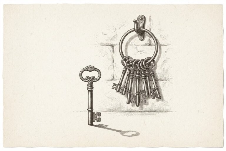 A single ornate iron key stands fully formed and upright in the foreground, casting a long shadow. Behind it, a heavy ring of locked iron keys hangs from a wall-mounted hook — the locked-in dependency structure. The standing key has just been forged free.