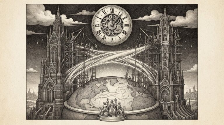 Monochrome pen-and-ink engraving of two ornate Gothic towers connected by glowing stablecoin conduit arcs spanning a globe, with scaffolding still attached and a clock looming overhead