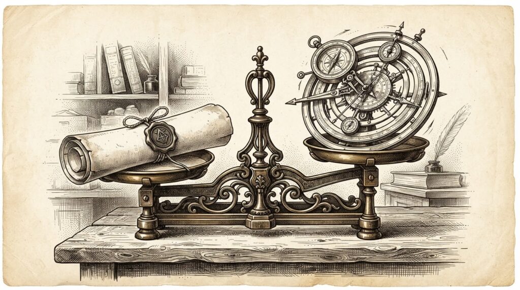 A pen-and-ink engraving of a merchant's weighing balance where one pan holds a wax-sealed identity document and the other holds dynamic measurement instruments, representing trust shifting from static identity to transaction scoring