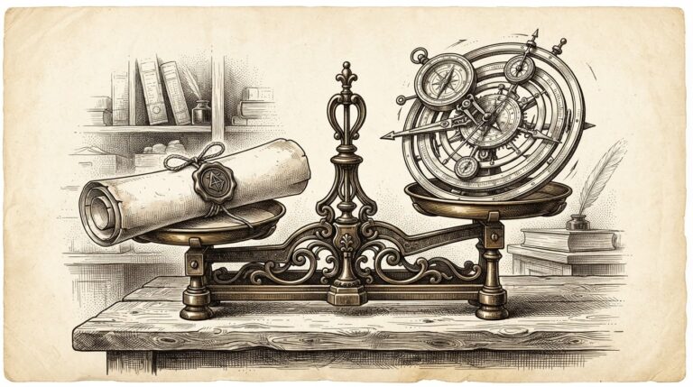 A pen-and-ink engraving of a merchant's weighing balance where one pan holds a wax-sealed identity document and the other holds dynamic measurement instruments, representing trust shifting from static identity to transaction scoring