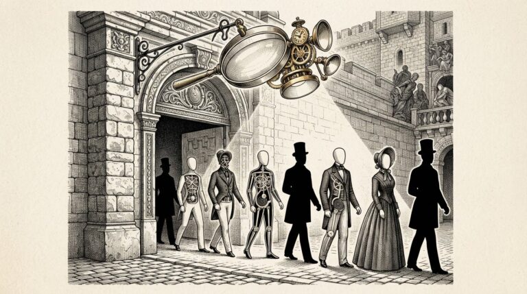 Monochrome pen-and-ink engraving of a marketplace gateway where a large detection instrument hangs above the entrance, revealing the mechanical inner structure of faceless agent figures passing through