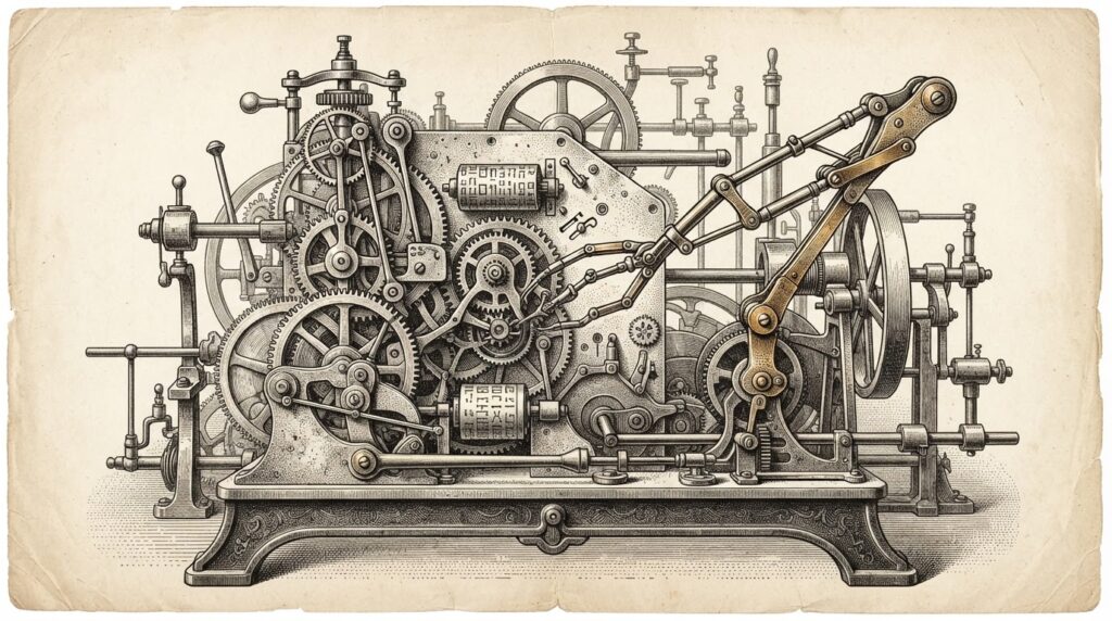 A mechanical arm reaching into a running machine and rearranging its internal gears while the machine continues to operate. Monochrome pen-and-ink engraving representing a Code Execution Model rewriting running code.