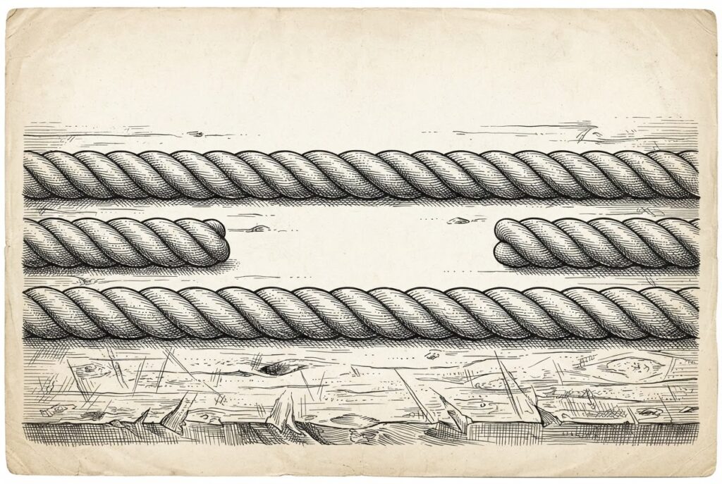 A pen-and-ink engraving of three thick hemp ropes laid parallel on a weathered wooden workbench, each individually well-made but with clear gaps between them where they fail to weave into a single cord - the protocol layers that work individually but lack coordination.