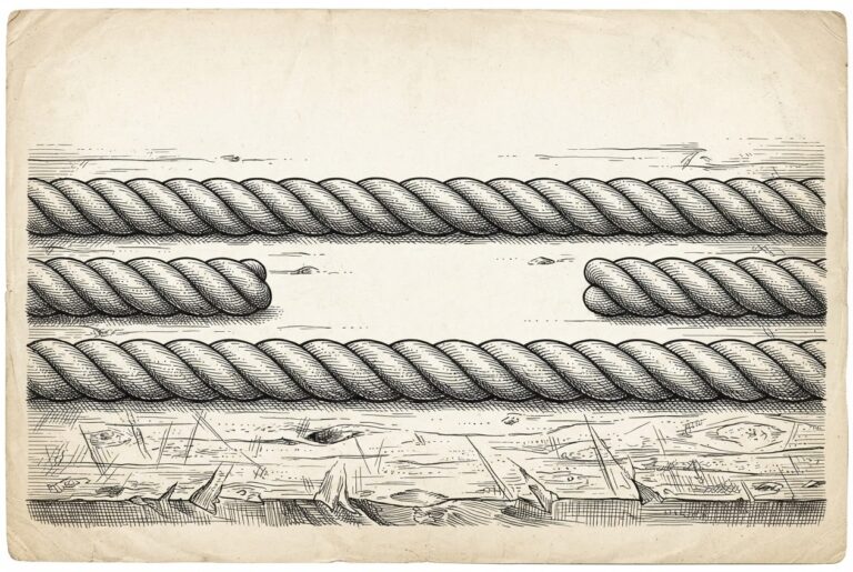 A pen-and-ink engraving of three thick hemp ropes laid parallel on a weathered wooden workbench, each individually well-made but with clear gaps between them where they fail to weave into a single cord - the protocol layers that work individually but lack coordination.