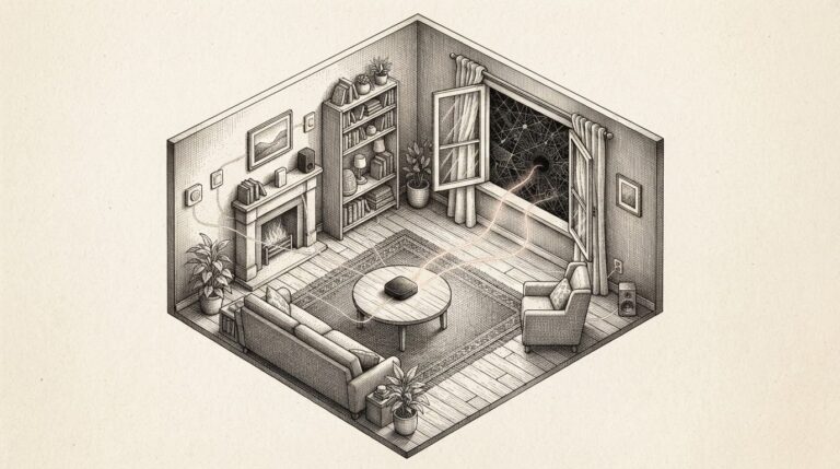 A domestic living room seen from above with a smart home hub on a table, a fragile glowing thread extending through an open window to a dark network outside, while connected devices inside are linked by faint lines to the hub — metaphor for home MCP servers unknowingly exposed to the internet.