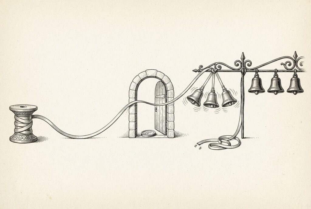 A hand-drawn engraving of a cord running from a spool through an open archway where a round token waits in the threshold, tying to three ringing bells while four farther bells hang dark and untouched by the cord.