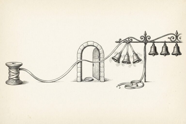 A hand-drawn engraving of a cord running from a spool through an open archway where a round token waits in the threshold, tying to three ringing bells while four farther bells hang dark and untouched by the cord.