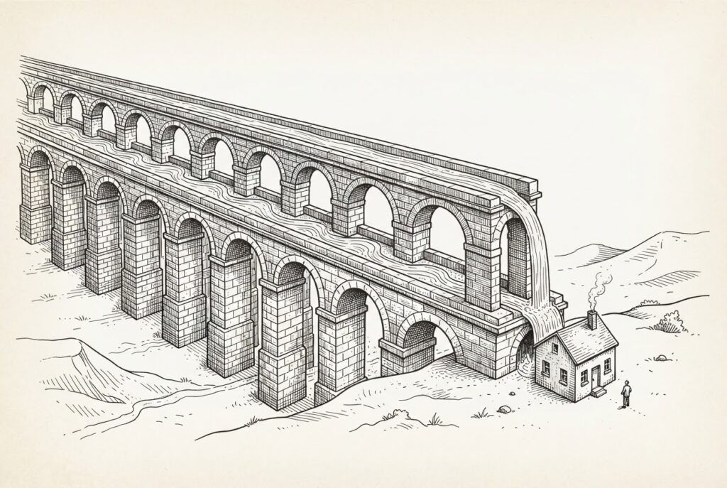 A vast aqueduct system carrying streams across a landscape, with a tiny inspection laboratory dwarfed at the receiving end