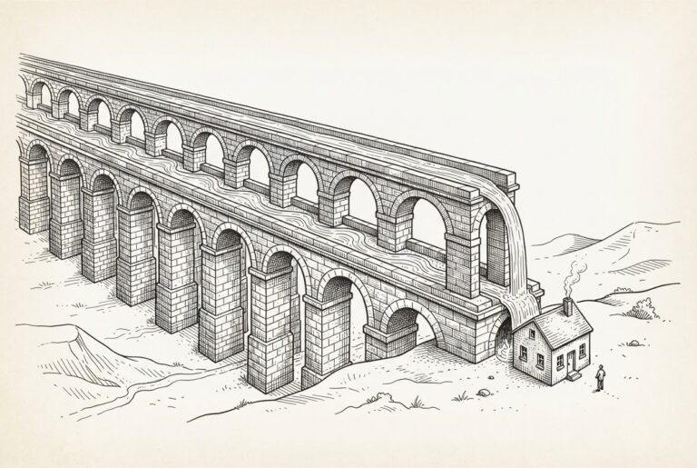 A vast aqueduct system carrying streams across a landscape, with a tiny inspection laboratory dwarfed at the receiving end