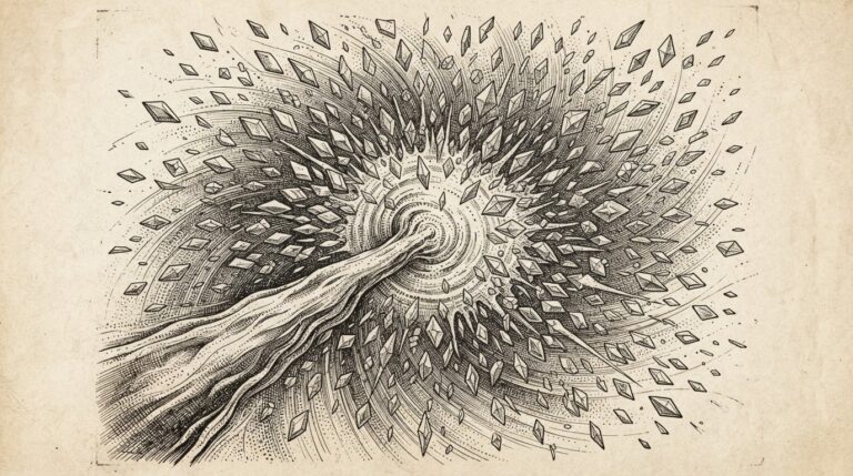 Abstract ink illustration of parallel token generation - a central burst emitting dozens of small diamond-shaped shards radiating outward simultaneously, representing Mercury 3's diffusion architecture that generates tokens in parallel rather than sequentially.