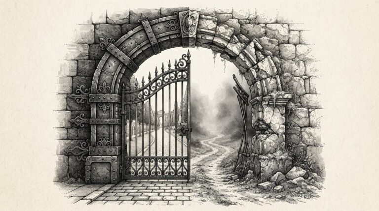 An engraving of a single ornate stone archway whose left half is reinforced with iron bands and a gate leading to a smooth road, while the right half is crumbling and open, leading to a rough path that fades into mist.