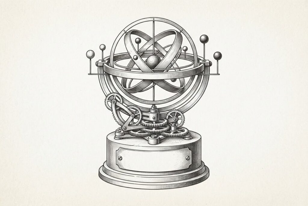 A mechanical orrery armillary sphere with interlocking gears and concentric rings sits on a pedestal with a prominently blank brass nameplate — the empty research surface of a frontier model launch. Monochrome pen-and-ink engraving.
