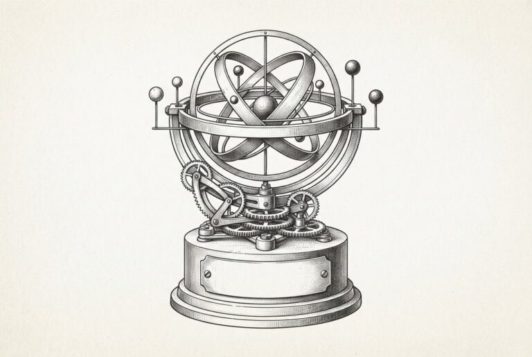 A mechanical orrery armillary sphere with interlocking gears and concentric rings sits on a pedestal with a prominently blank brass nameplate — the empty research surface of a frontier model launch. Monochrome pen-and-ink engraving.