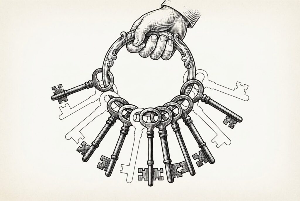 A large ornate keyring held by a faceless bureaucratic hand - half the keys are fully rendered in solid ink, the other half are just empty outlines - the governance layer ships incomplete