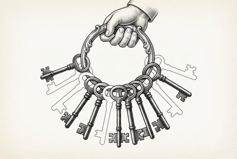A large ornate keyring held by a faceless bureaucratic hand - half the keys are fully rendered in solid ink, the other half are just empty outlines - the governance layer ships incomplete
