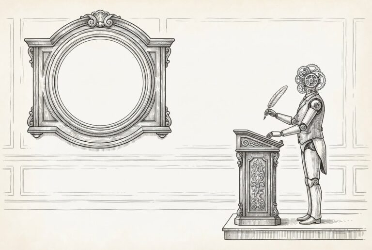 A faceless clockwork scribe automaton with exposed gears stands at a carved wooden lectern with a raised quill, beside an enormous ornate wall gauge whose dial face is completely blank: no needle, no numerals, no markings, where the measurements should be.