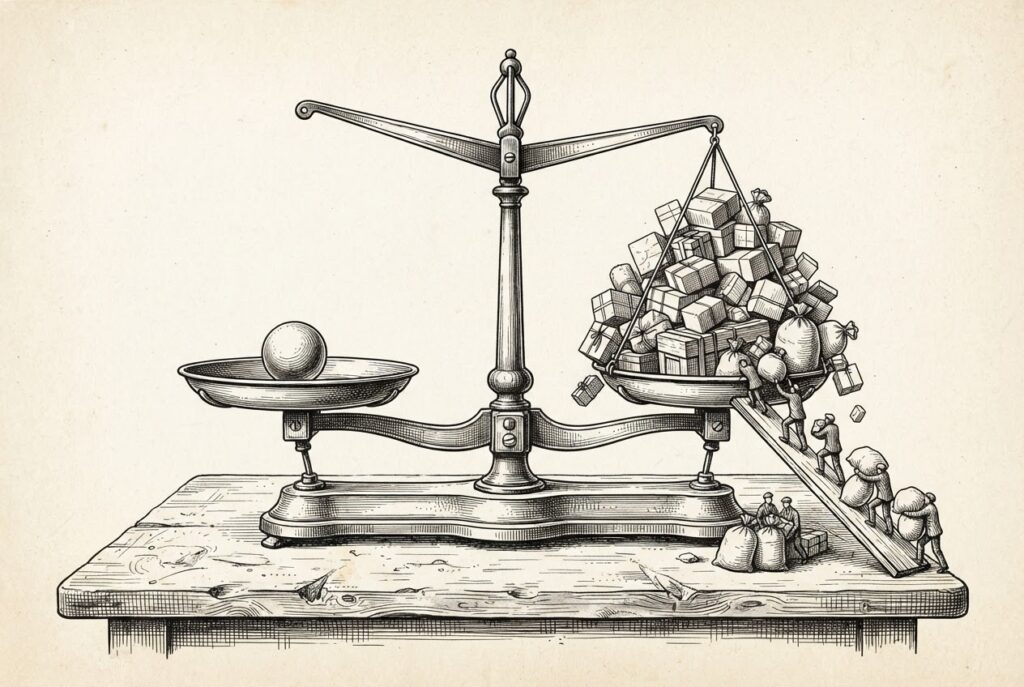 An engraved brass balance scale on a scarred workbench: one pan holds a single polished sphere in near-emptiness while the opposite pan is heaped with parcels and tiny faceless figures haul more up a leaning plank, the beam tilting toward the crowded side.