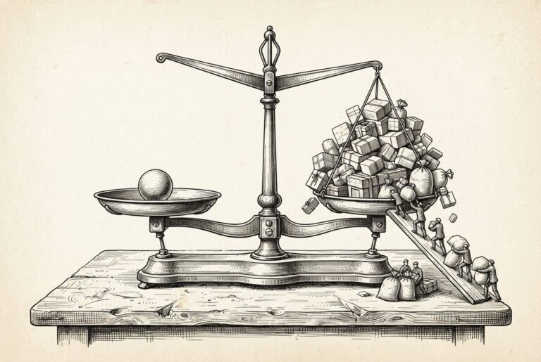 An engraved brass balance scale on a scarred workbench: one pan holds a single polished sphere in near-emptiness while the opposite pan is heaped with parcels and tiny faceless figures haul more up a leaning plank, the beam tilting toward the crowded side.