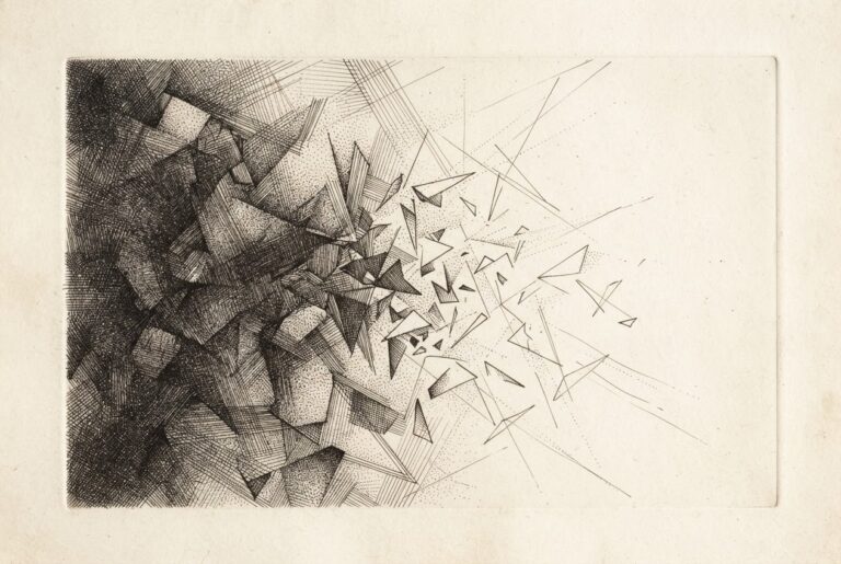Monochrome abstract pen-and-ink engraving of dense clustered cross-hatching dissolving into bright negative space, with geometric fragments breaking apart at the transition point — emergence from hidden to revealed