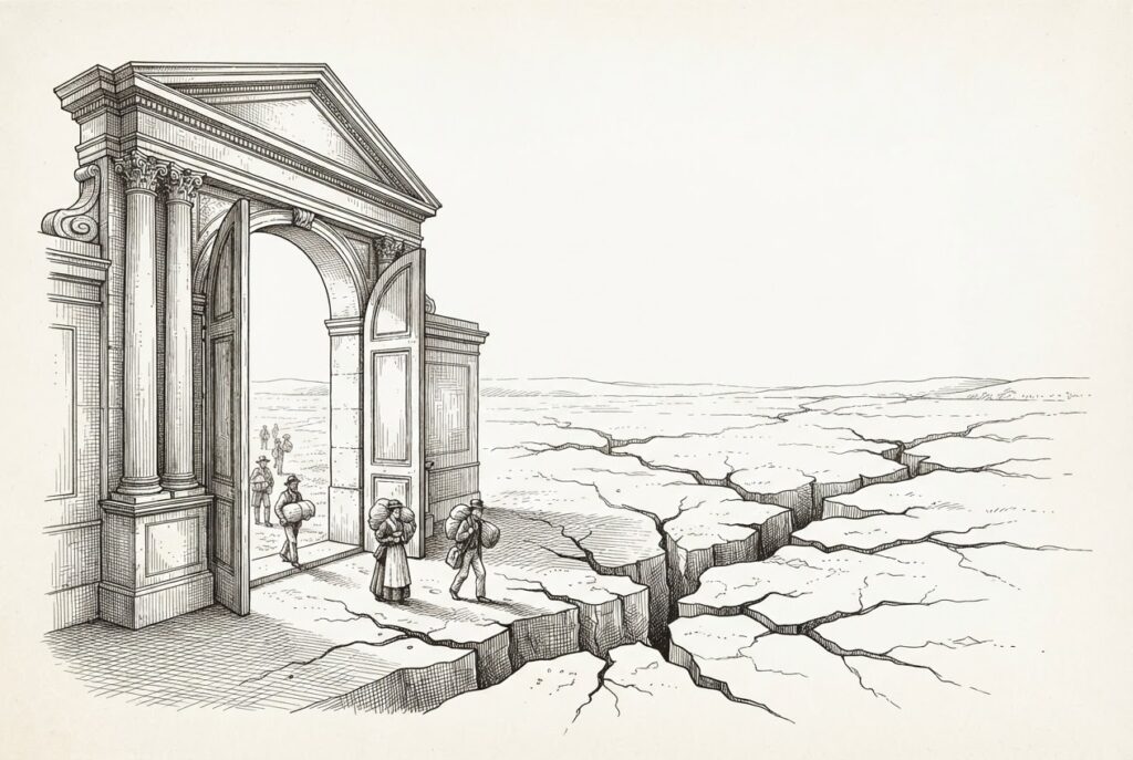 A grand European stone gateway opens onto a vast landscape where the ground is cracking and fracturing - the pricing floor collapsing as open-weight models flow through