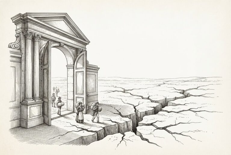A grand European stone gateway opens onto a vast landscape where the ground is cracking and fracturing - the pricing floor collapsing as open-weight models flow through