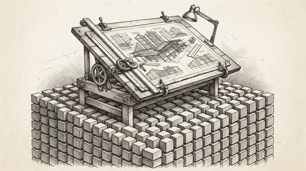 A drafting table with architectural blueprints sits above a foundation of identical commodity blocks stacked in rows, representing proprietary design above commoditized infrastructure.