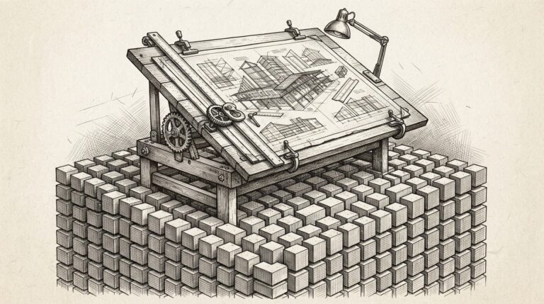A drafting table with architectural blueprints sits above a foundation of identical commodity blocks stacked in rows, representing proprietary design above commoditized infrastructure.