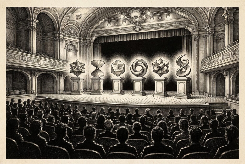 Six pedestals arranged on a raised platform, each bearing a different abstract symbol, representing the six agentic commerce sessions at Money20/20.