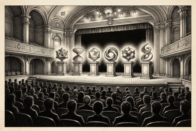 Six pedestals arranged on a raised platform, each bearing a different abstract symbol, representing the six agentic commerce sessions at Money20/20.