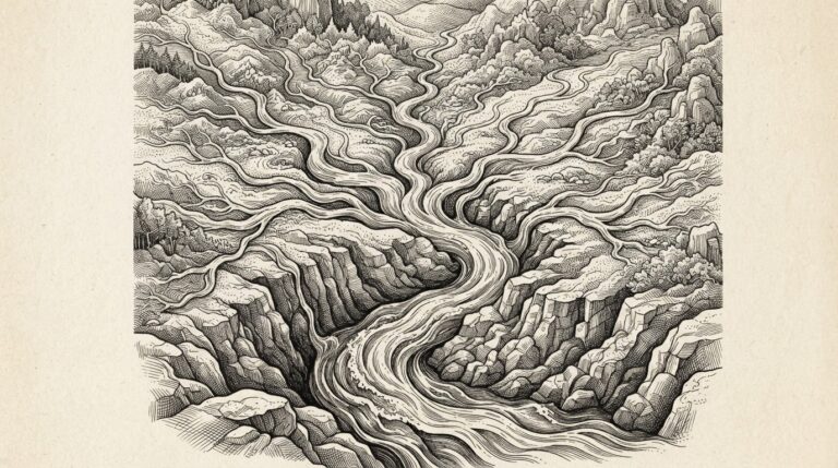 Many separate thin streams flowing from different directions converge into a single deep river channel carved into stone, the individual streams losing their separate courses as they merge into one current - an allegory for consolidation at the substrate layer.