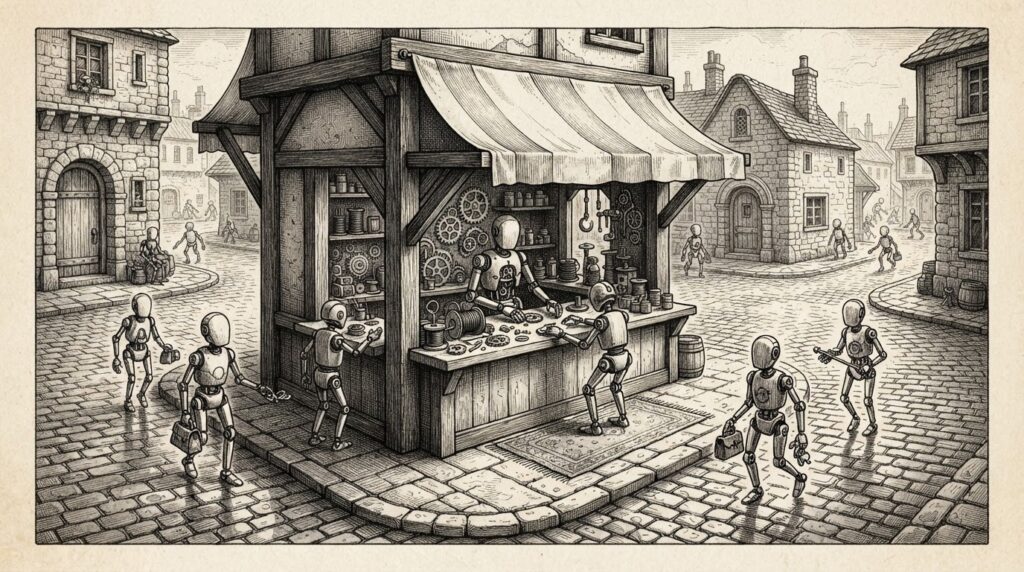 A marketplace stall at street level built for small autonomous mechanical figures rather than humans, with tiny faceless clockwork agents approaching from cobblestone paths - commerce infrastructure designed for agents.