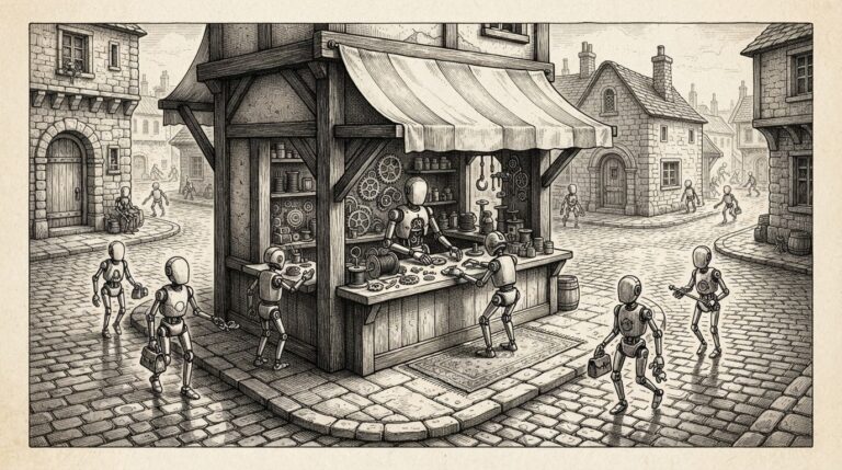 A marketplace stall at street level built for small autonomous mechanical figures rather than humans, with tiny faceless clockwork agents approaching from cobblestone paths - commerce infrastructure designed for agents.