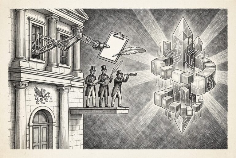 Pen-and-ink engraving of a classical stone bank building with inspectors in formal attire examining a new decentralized digital structure - the tools of traditional institutional assessment reaching into crypto