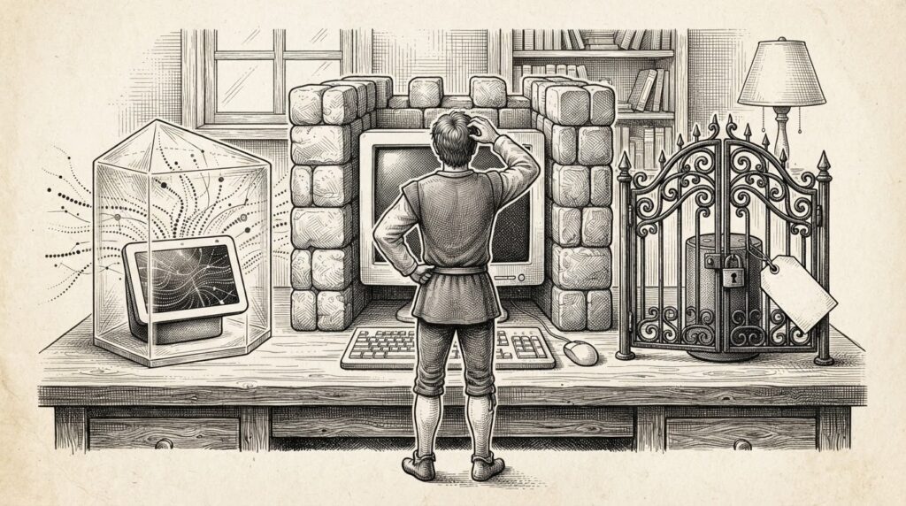 Three domestic devices on a surface — a smart display inside a transparent glass case, a desktop monitor enclosed in stone walls, and a small speaker behind a locked wrought-iron gate with a price tag — with a figure standing between them, undecided. Monochrome pen-and-ink engraving representing three incompatible privacy architectures for home AI agents.
