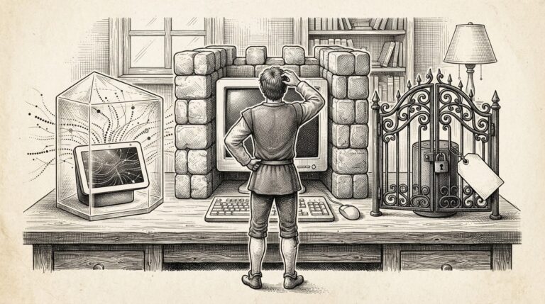 Three domestic devices on a surface — a smart display inside a transparent glass case, a desktop monitor enclosed in stone walls, and a small speaker behind a locked wrought-iron gate with a price tag — with a figure standing between them, undecided. Monochrome pen-and-ink engraving representing three incompatible privacy architectures for home AI agents.