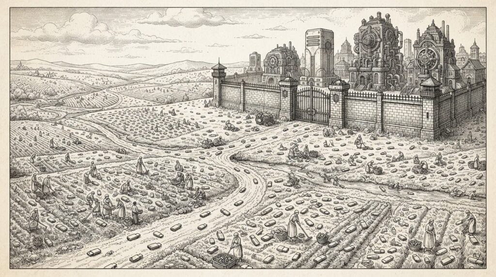 A vast landscape scattered with tiny identical USB-C dongles freely distributed like seeds, while larger ornate devices stand locked behind heavy gates - the open-source hardware bet versus proprietary ecosystems.