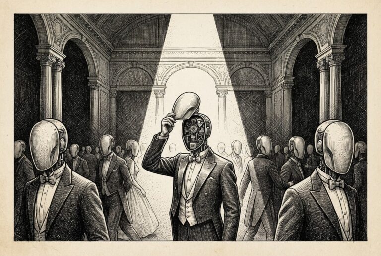Monochrome pen-and-ink engraving of a grand masquerade ball where multiple faceless figures in chrome masks move through a classical hall. A single spotlight illuminates one figure whose mask is being lifted, revealing mechanical wiring and gears underneath - not a human face.