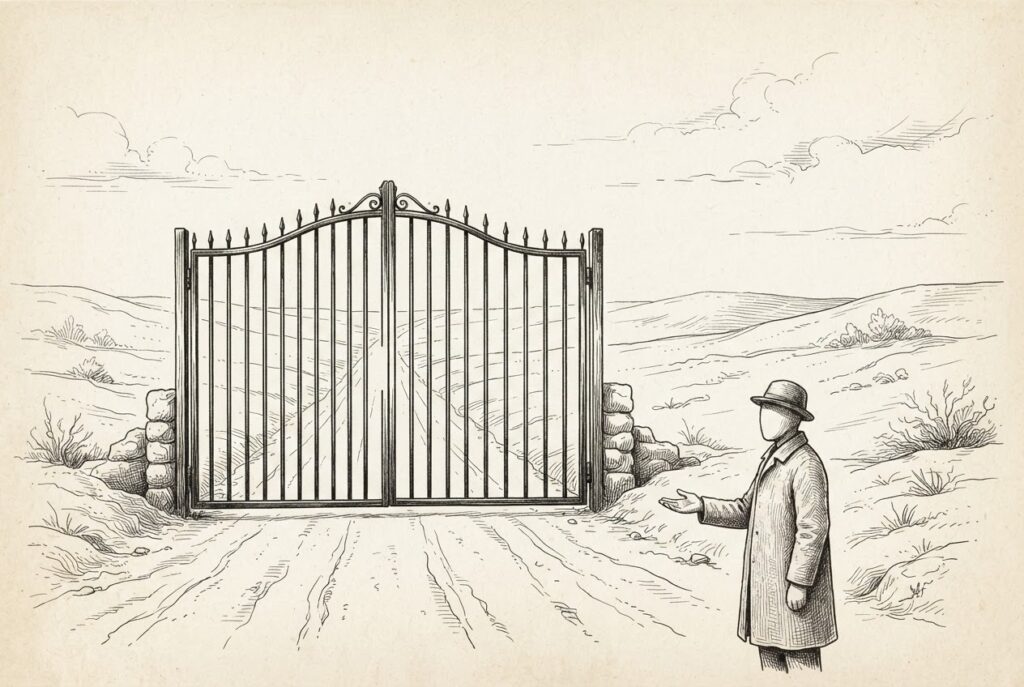 Engraved illustration: a lone faceless traveler with an empty outstretched hand stands before a closed iron gate on an empty road, with no inspector, instrument, or witness anywhere to verify who is asking to pass.