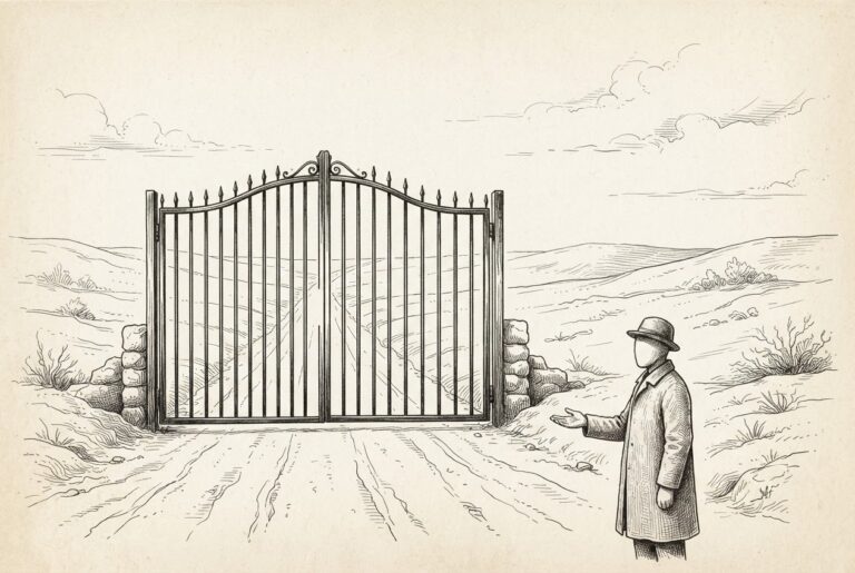 Engraved illustration: a lone faceless traveler with an empty outstretched hand stands before a closed iron gate on an empty road, with no inspector, instrument, or witness anywhere to verify who is asking to pass.