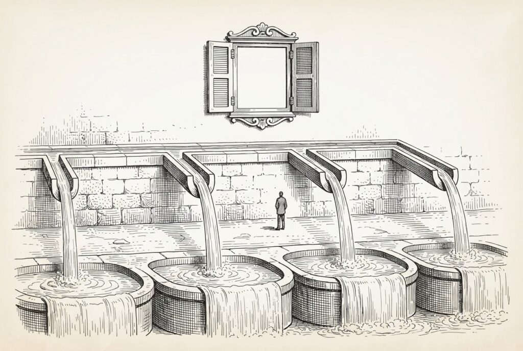 Pen-and-ink engraving of an aqueduct branching into four flowing fountains beneath a blank price plaque.