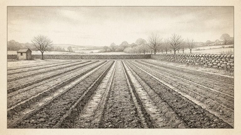 A barren garden with carefully prepared rows of empty soil beds, each row perfectly spaced and tilled but with no seeds or plants growing, in the distance a simple stone wall — meticulous preparation for a harvest that has not yet begun.