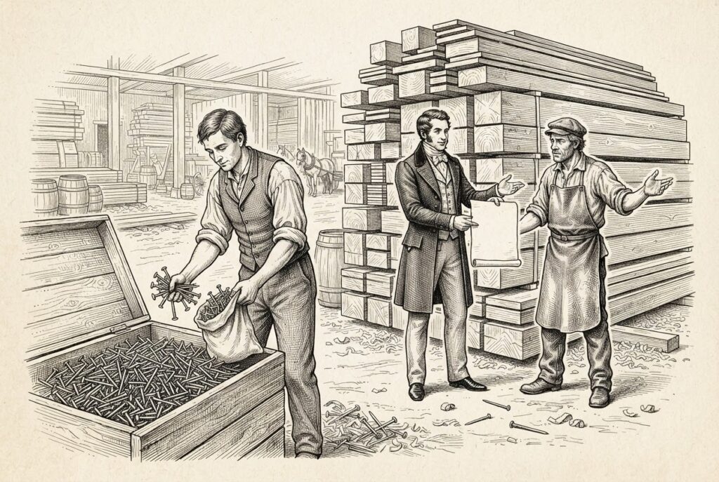 Monochrome pen-and-ink engraving of an open wooden bin of common nails gathered freely by a bare-handed workman in the foreground, while a towering stack of expensive lumber beams dominates the background and a merchant in a fine coat presents a blank sealed parchment to a builder. The nails are free; the lumber is sold.