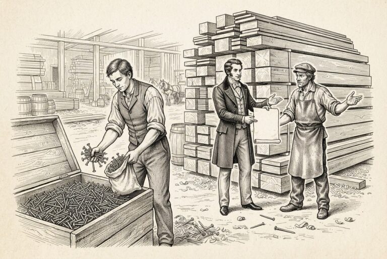 Monochrome pen-and-ink engraving of an open wooden bin of common nails gathered freely by a bare-handed workman in the foreground, while a towering stack of expensive lumber beams dominates the background and a merchant in a fine coat presents a blank sealed parchment to a builder. The nails are free; the lumber is sold.