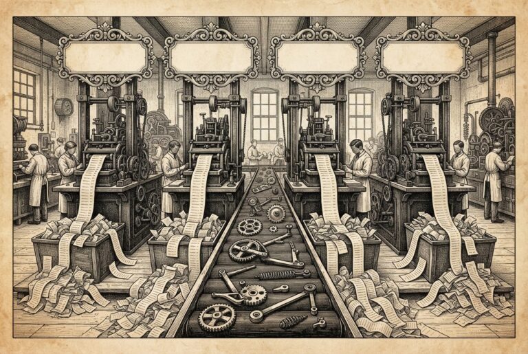 Monochrome pen-and-ink engraving on warm paper showing four identical inspection stations producing paper receipts while products pass through unexamined. Allegory for governance without proof.