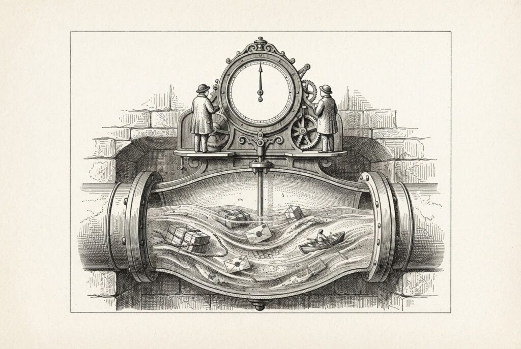 A pen-and-ink engraving of a large antique water gauge built into a stone pipe whose midsection widens into a glass chamber, so the entire flow of water passes through the instrument itself while small crates, sealed letters, and a tiny rowboat travel through with the current and two small faceless figures stand on the housing reading a blank dial.