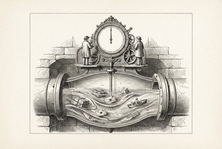 A pen-and-ink engraving of a large antique water gauge built into a stone pipe whose midsection widens into a glass chamber, so the entire flow of water passes through the instrument itself while small crates, sealed letters, and a tiny rowboat travel through with the current and two small faceless figures stand on the housing reading a blank dial.