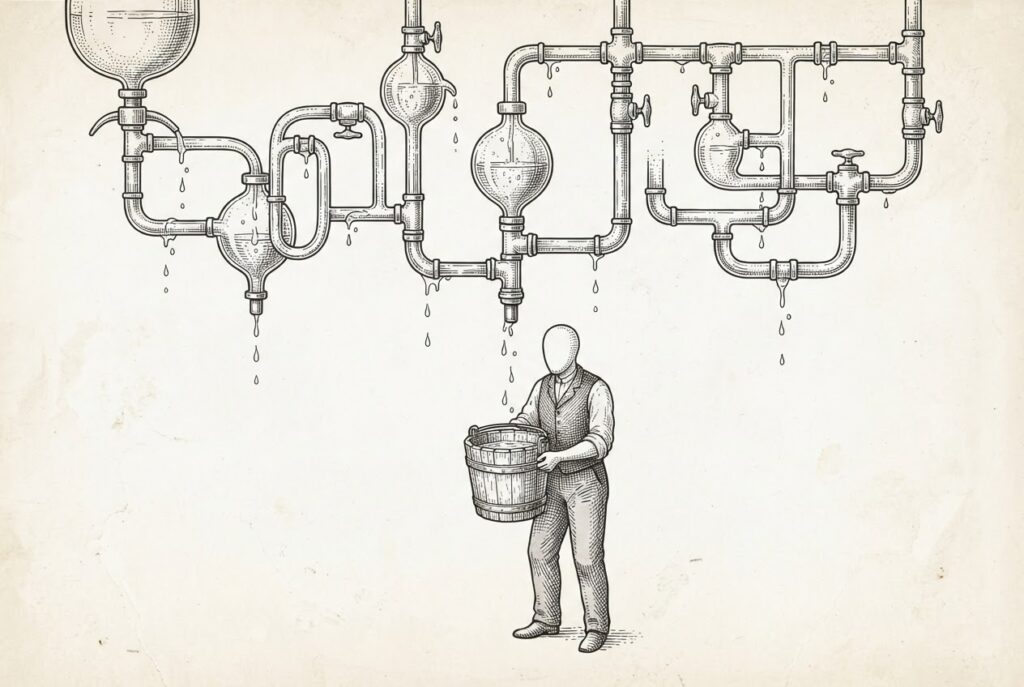 Conceptual pen-and-ink engraving on warm paper. A complex network of ornate glass siphons and pipes leaking liquid from several joints, with a faceless human figure below holding a heavy wooden bucket to catch the drips.